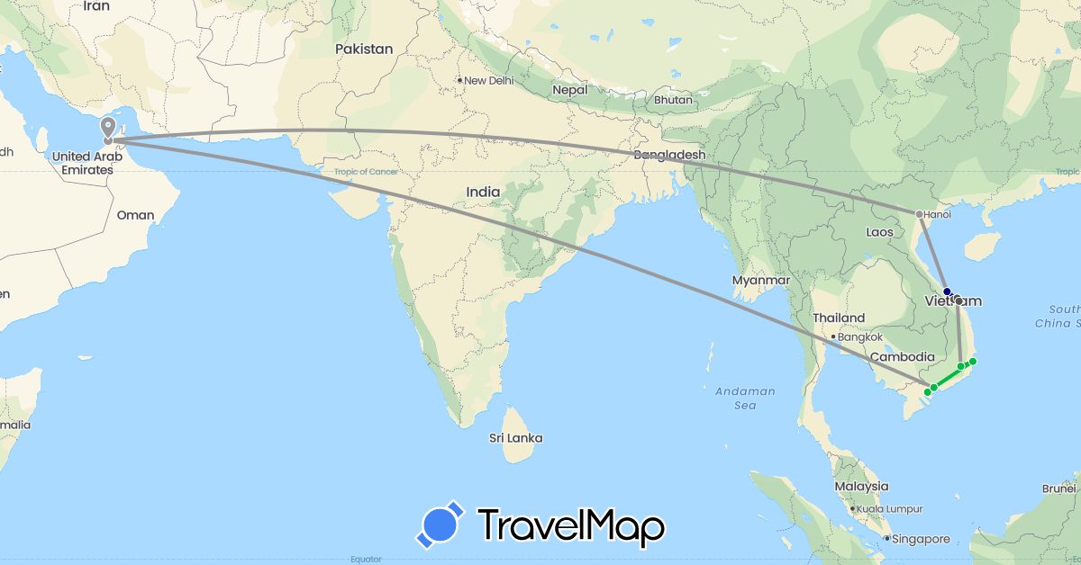 TravelMap itinerary: driving, bus, plane, motorbike in United Arab Emirates, Vietnam (Asia)